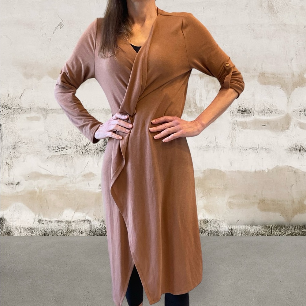 She + Sky Long sleeve knit jacket, long, solid tan wrap style, Soft! Comfy! Sz S